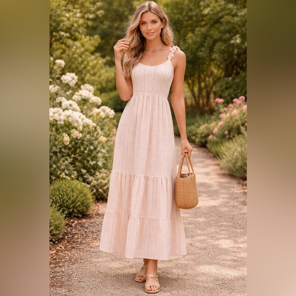 Jessica Simpson Ruffle Strap Tiered Embroidered Maxi Dress Peach/White SZ XS